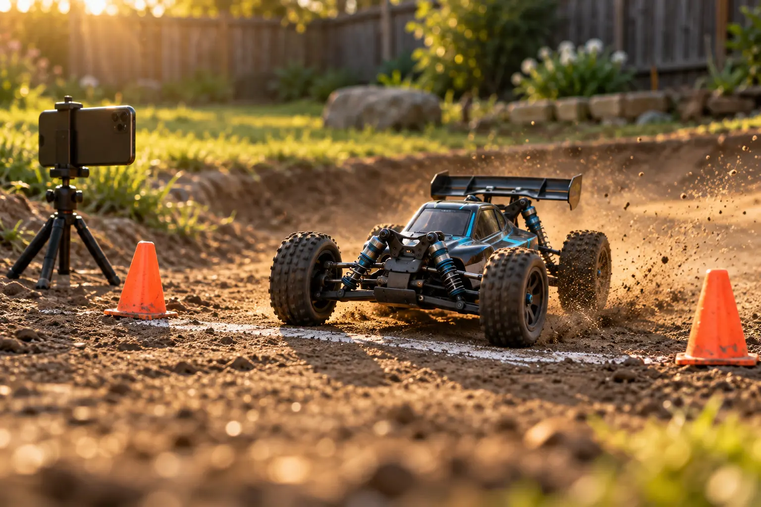 RC buggy crossing a backyard dirt finish line beside a tripod-mounted phone
